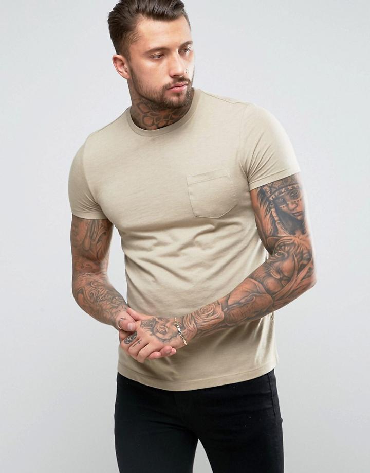 Asos Crew Neck T-shirt With Pocket In Beige - Beige