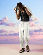 Asos Design Wide Leg Pants With Pleats In Linen Stripe-neutral