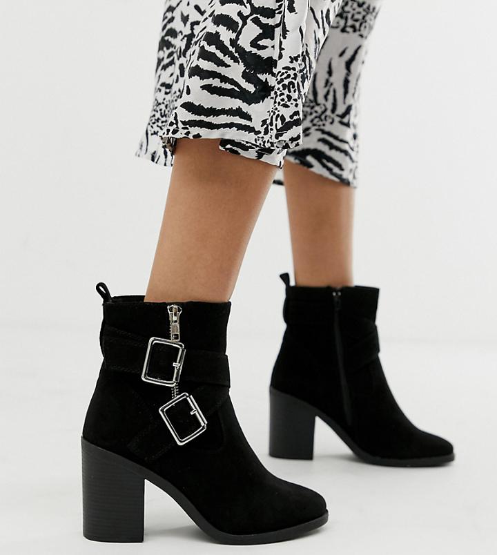 New Look Wide Fit Cross Strap Block Heeled Boot In Black