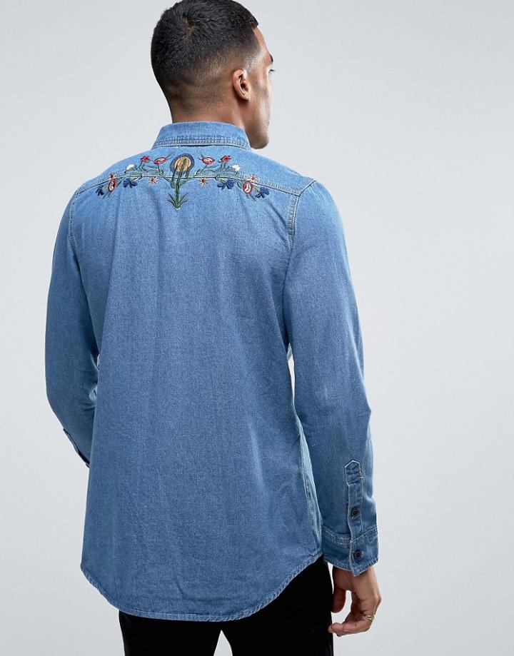 Liquor & Poker Embroidered Denim Cactus Shirt - Blue