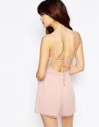 Asos 90's Strappy Romper With Tie Back And Pom Pom Hem - Nude