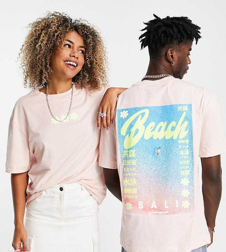 Collusion Unisex T-shirt With Beach Print In Light Pink