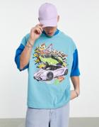 Asos Design Oversized T-shirt In Blue Color Block With Car Print