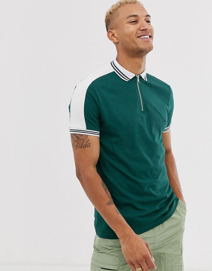 Asos Design Organic Zip Neck Polo Shirt With Tipping And Contrast Shoulder Panel - Green
