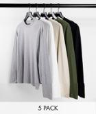 Asos Design 5 Pack Organic Long Sleeve T-shirt In Multi