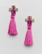 Asos Design Tiny Jewel And Tassel Stud Earrings - Pink