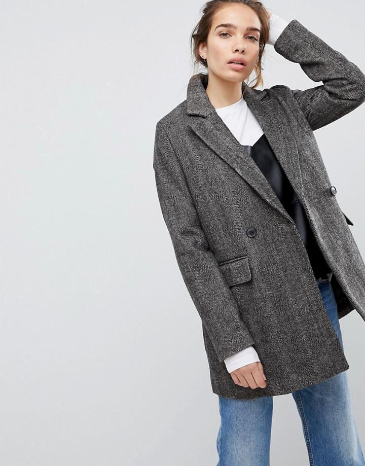 Pull & Bear Check Pea Coat - Gray