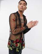 Asos Design Regular Fit Mesh Shirt With Floral Embroidery In Red-black
