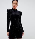Fashion Union Tall Turtleneck Bodycon Dress With All Over Rhinestone - Black