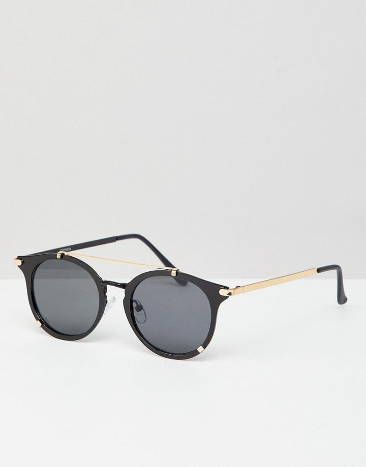 Asos Design Round Sunglasses In Black Metal With Gold Details - Black