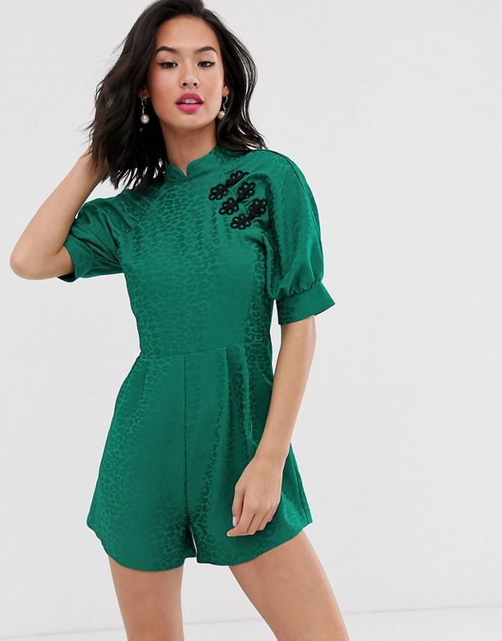 Asos Design Jacquard Romper With Button Detail - Red