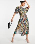 John Zack Midi Dress With Flutter Sleeve In Feather Print-multi