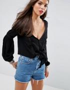 Asos Plunge Blouse With Tie Front And Lace Inserts-black