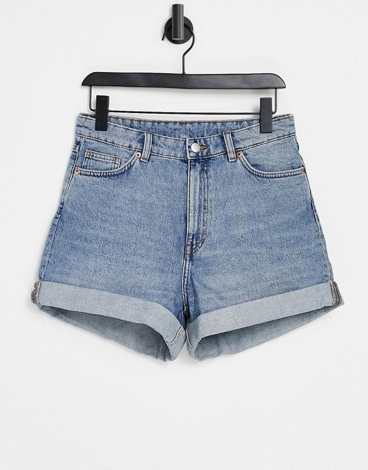 Monki Tallie Organic Cotton Turn Up Denim Shorts In Blue-blues