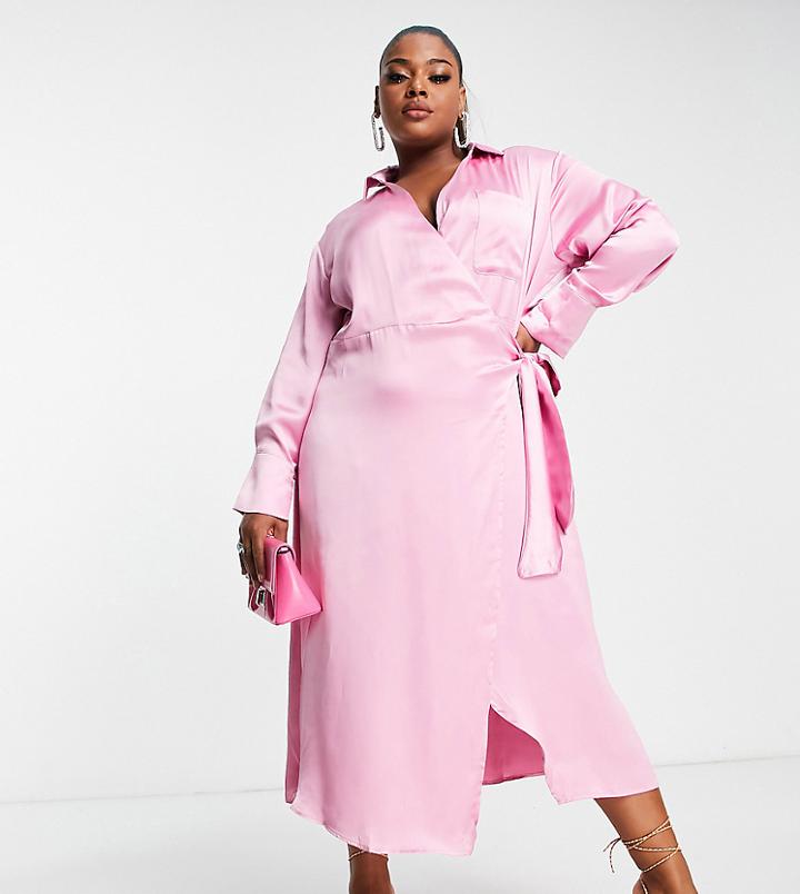 Pretty Lavish Curve Ronnie Satin Wrap Midi Dress In Pink