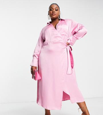 Pretty Lavish Curve Ronnie Satin Wrap Midi Dress In Pink