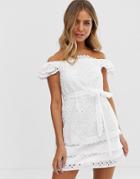 Parisian Off Shoulder White Dress In Broderie Anglaise - White