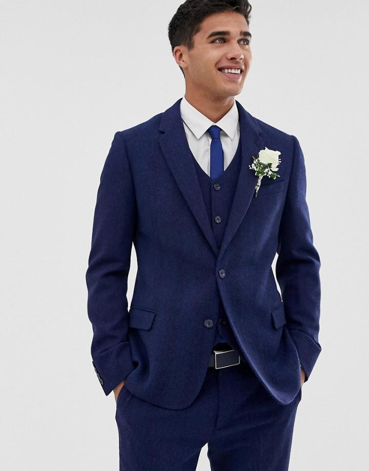 Asos Design Wedding Skinny Suit Jacket In Blue Wool Blend Herringbone - Blue