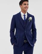 Asos Design Wedding Skinny Suit Jacket In Blue Wool Blend Herringbone - Blue