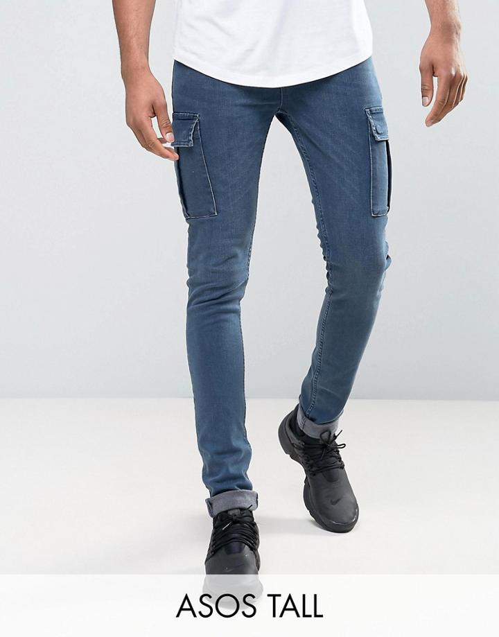 Asos Tall Super Skinny Jeans With Cargo Details In Smokey Blue - Blue