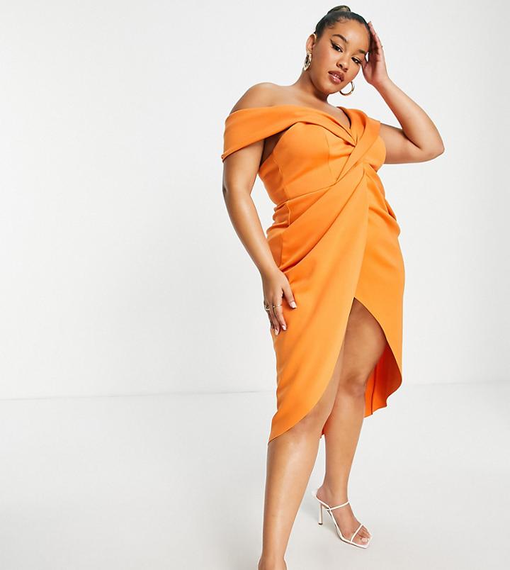 Asos Design Curve One Shoulder Twist Front Midi Dress In Orange