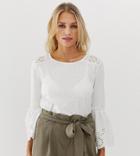 Esprit Bell Sleeve Broderie Detail Top In White - White