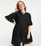 Asos Design Curve Jersey Smock Romper With Frill Sleeve In Washed Black