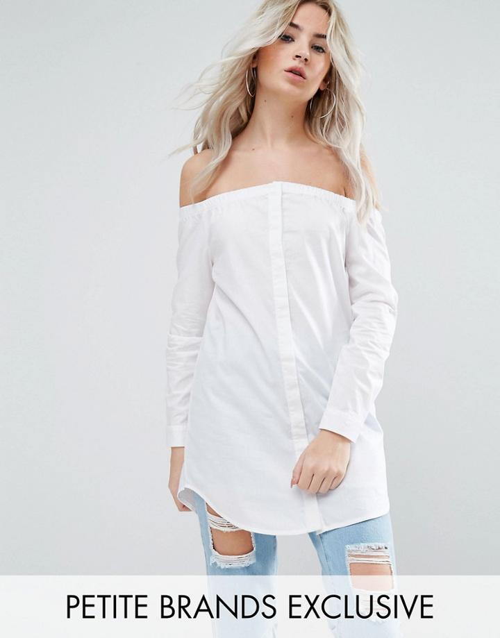 Noisy May Petite Longline Bardot Button Front Shirt - White