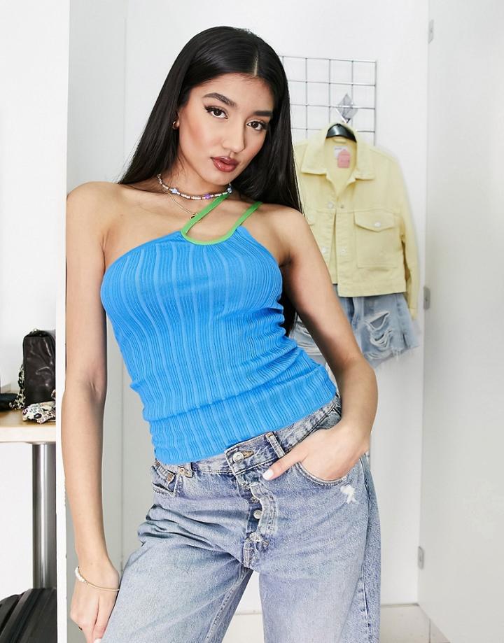 Asos Design Knit Asymmetric Cami With Contrast Detail In Blue
