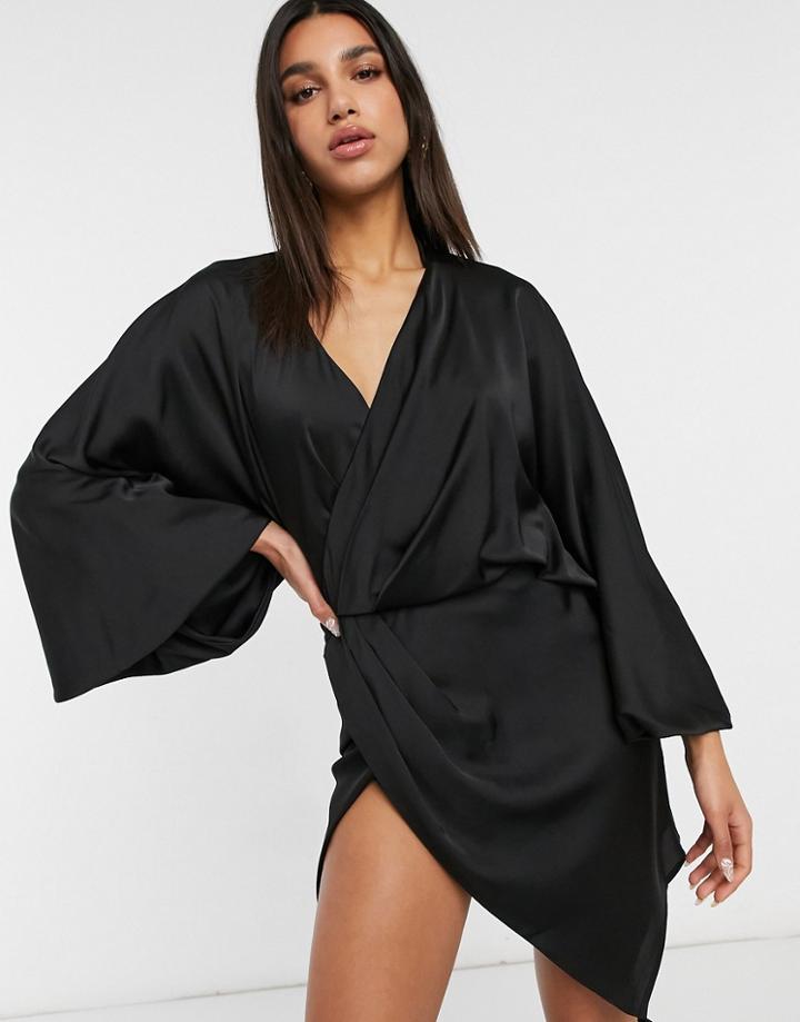 Asos Design Blouson Sleeve Satin Shirt Mini Dress With Open Back In Black