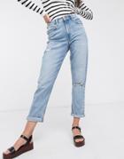 New Look Mom Jeans With Rips In Light Blue-blues