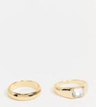 Asos Design Curve 14k Gold Plated Pack Of 2 Rings In Thick Band Design With Crystal