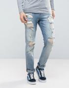 Asos Slim Jeans In Vintage Mid Wash With Heavy Rips - Blue