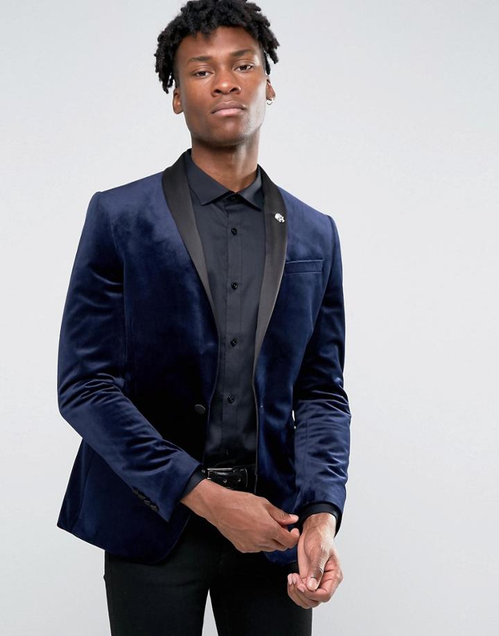 Asos Skinny Blazer In Velvet In Navy - Navy