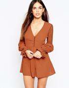 Asos 70's Romper With Blouson Sleeve And Lace Insert - Soft Rust