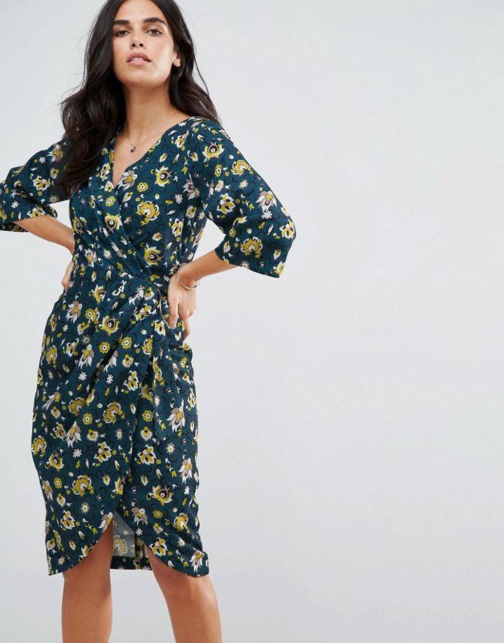 Closet London Printed Pleated Wrap D Ring Tie Waist Tulip Dress - Multi
