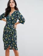 Closet London Printed Pleated Wrap D Ring Tie Waist Tulip Dress - Multi