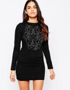 Hedonia Castalia Long Sleeve Bodycon Dress With Front Print Detail - Black