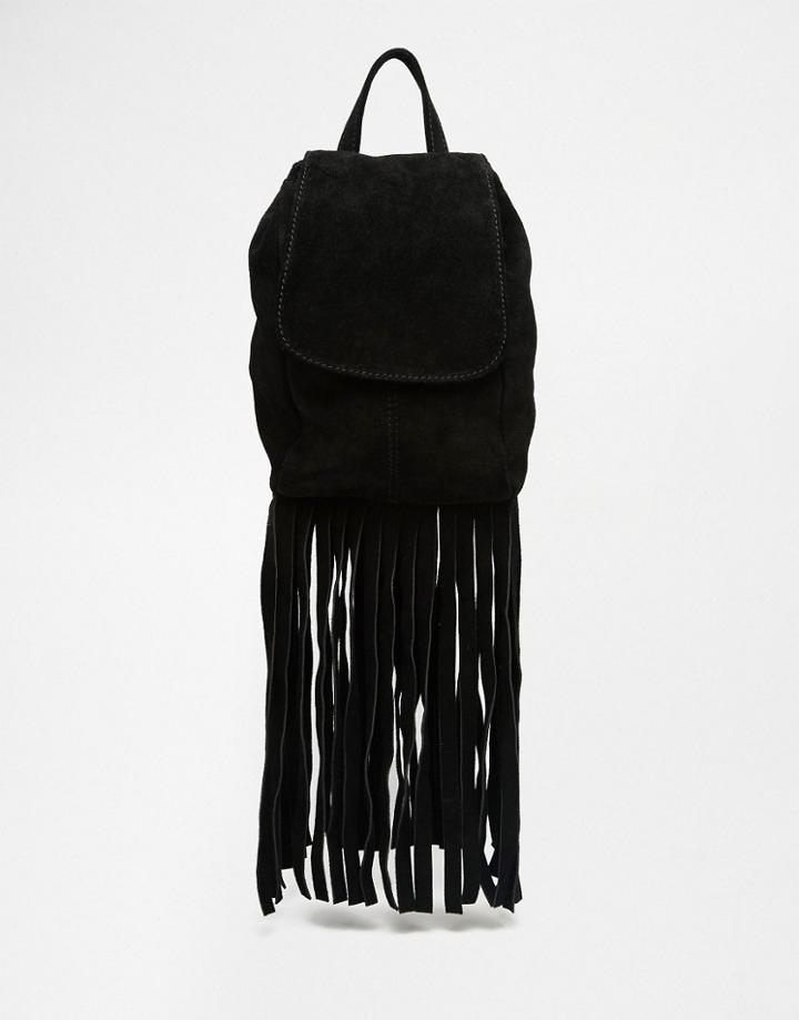 Asos Suede Festival Fringed Backpack - Black