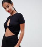 Asos Design Petite Plunge Front Twist Crop Tee - Black
