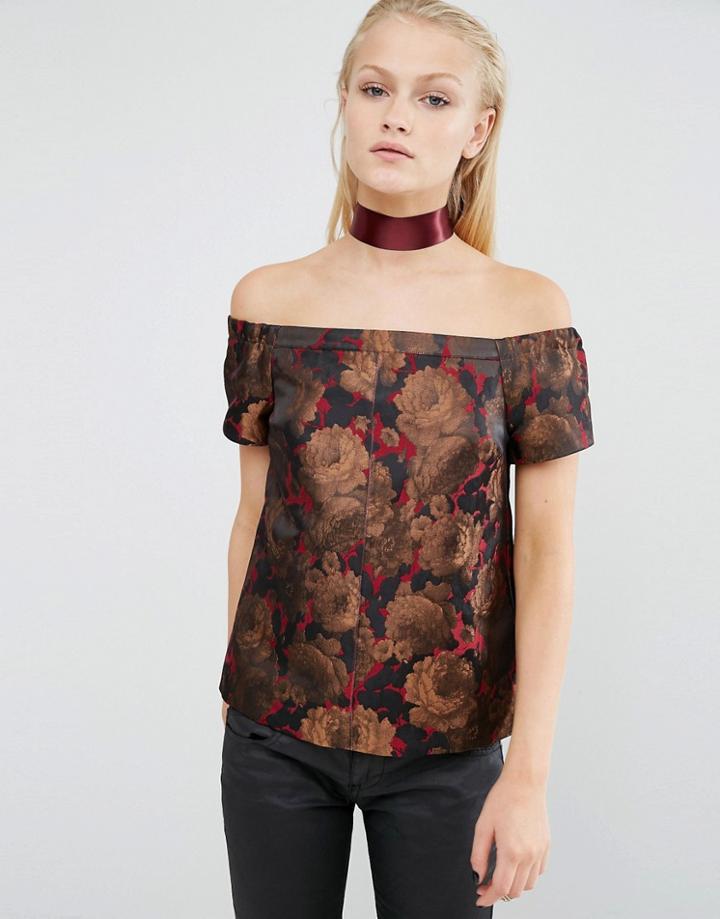 Asos Off Shoulder Top In Floral Jacquard With Open Back - Multi
