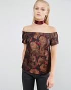 Asos Off Shoulder Top In Floral Jacquard With Open Back - Multi