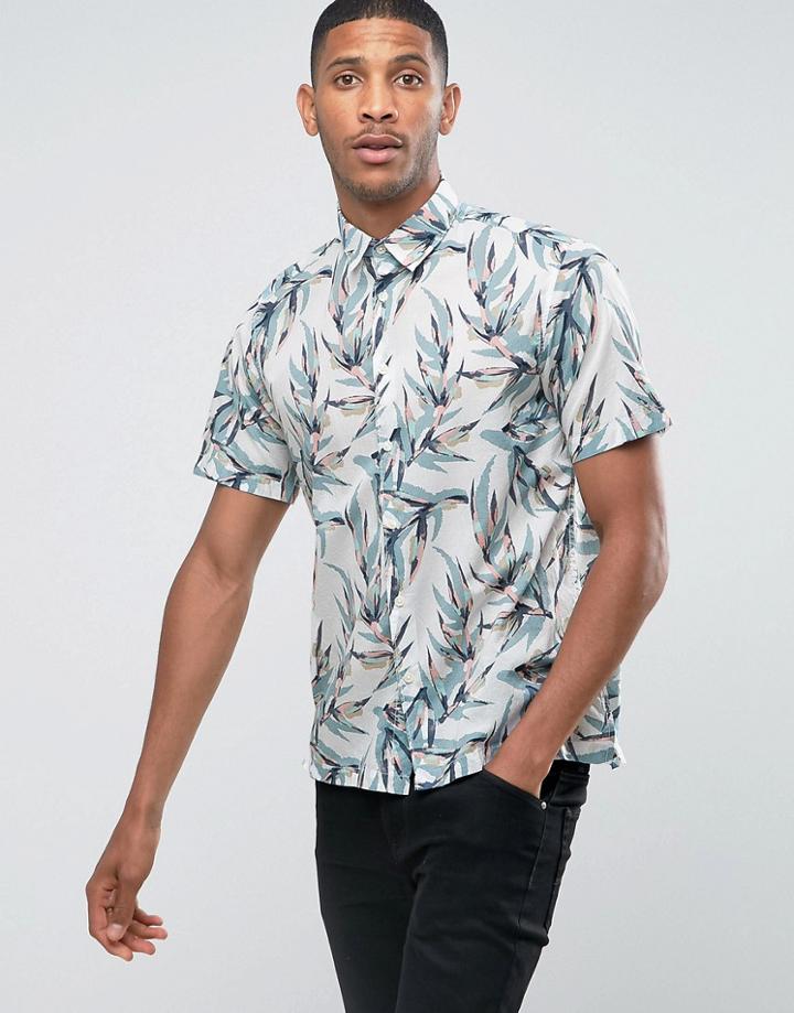 Jack & Jones Originals Short Sleeve Shirt In Regular Fit All Over Leaf Print - Cream