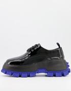 Asos Design Lace Up Shoes In Black Patent With Chunky Cleated Blue Sole