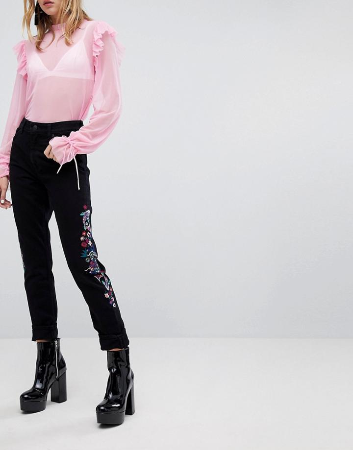 Monki Embroidered Kimomo Jeans - Black