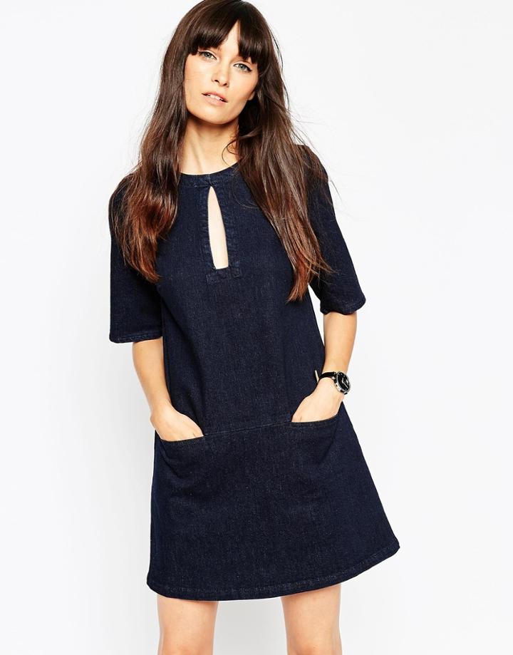 Asos Denim Shift Dress With Keyhole In Deep Blue - Indigo