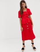 Moon River Midi Skirt With Button Detail-red