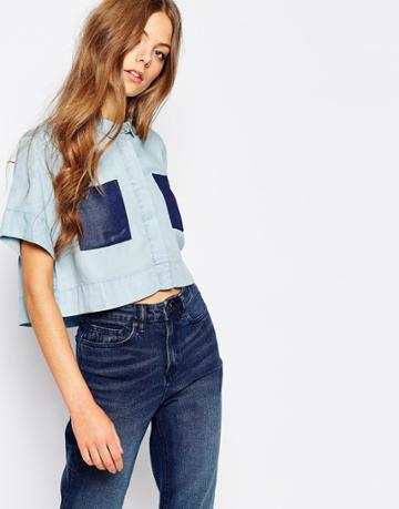 Waven Daisi Crop Shirt With Contrast Pockets - Blue