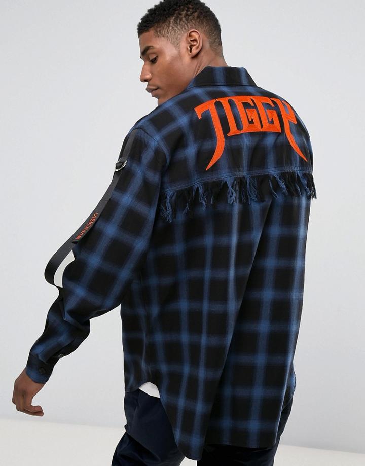 Visionair Oversized Shirt In Blue Flannel With Back Embroidery - Blue