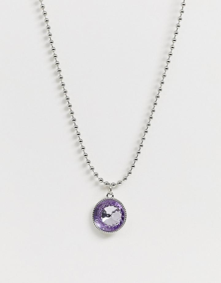 Asos Design Necklace With Crystal Gem Pendant And Ball Chain In Silver Tone